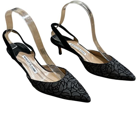 Manolo Blahnik Black Velvet Floral Slingback Heels Textured Fabric Pumps EU 37.5 - Picture 2 of 7